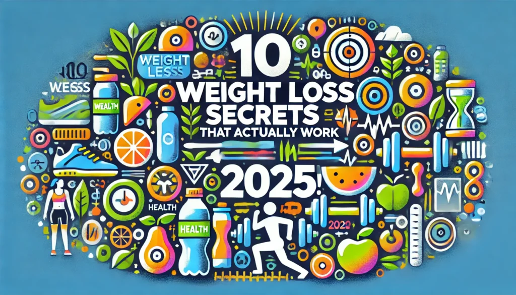 an image of fruits and drinks, vegetables and text saying 10 Science-Backed Weight Loss Tips That Actually Work