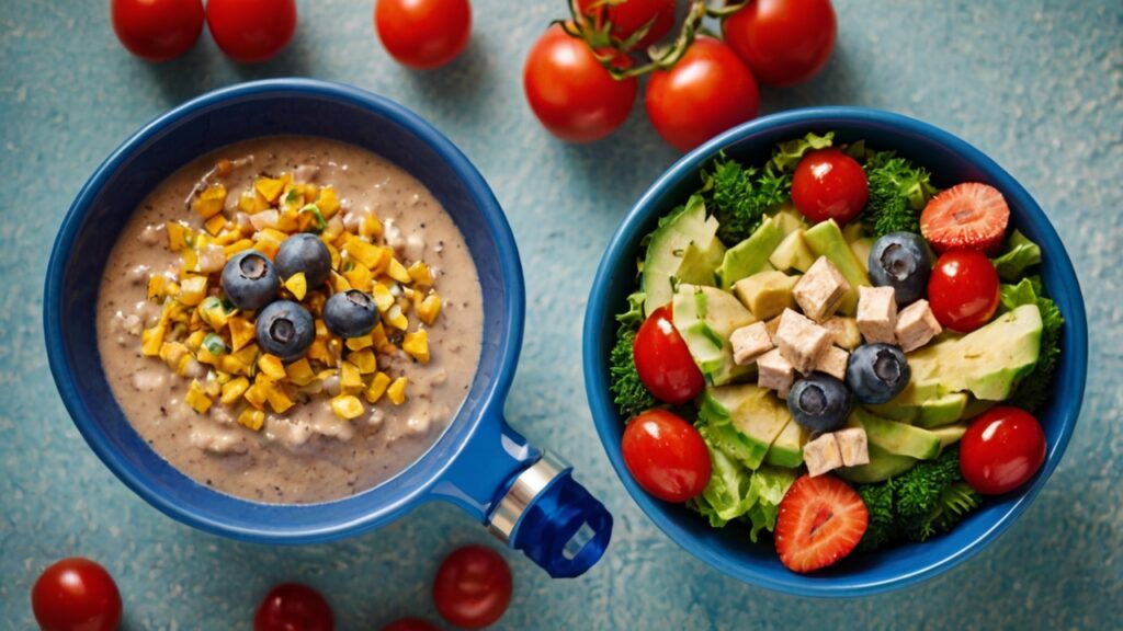 a healthy meal with a vibrant background, symbolizing sustainable weight loss without starvation.