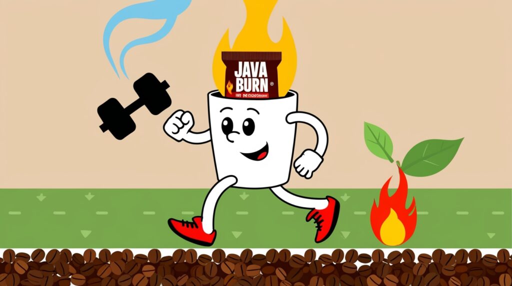 A playful cartoon scene of a coffee cup with legs jogging on a path of coffee beans. The cup holds a 'Java Burn' packet, and steam rises from it forming a dumbbell, leaf, and fire (for metabolism). Bright, cheerful colors, flat design style.