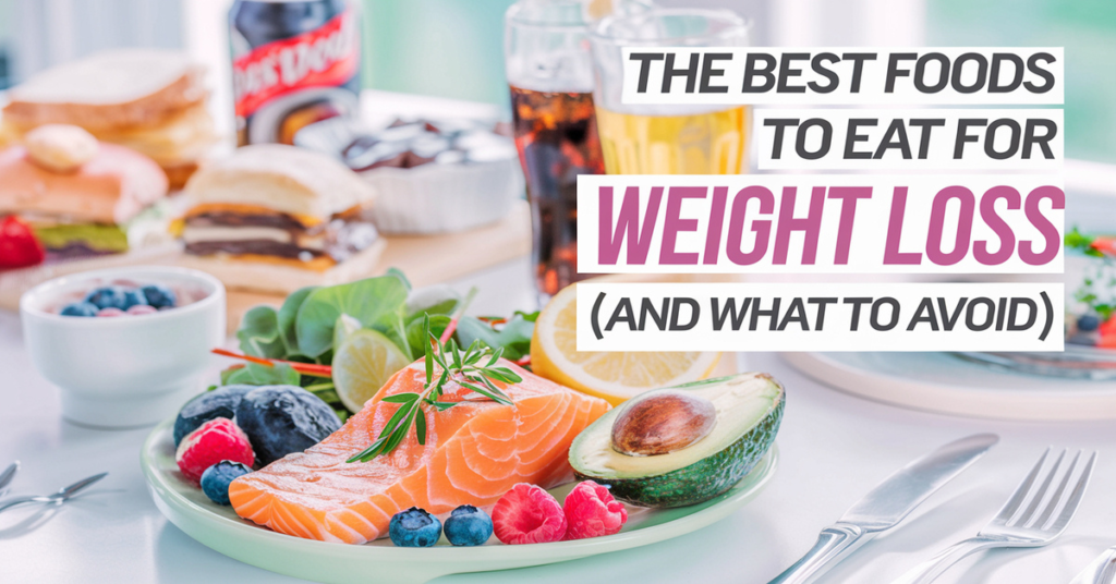 Healthy meal with salmon, avocados, berries, and leafy greens, contrasted with unhealthy fast food in the background, representing the best and worst foods for weight loss.