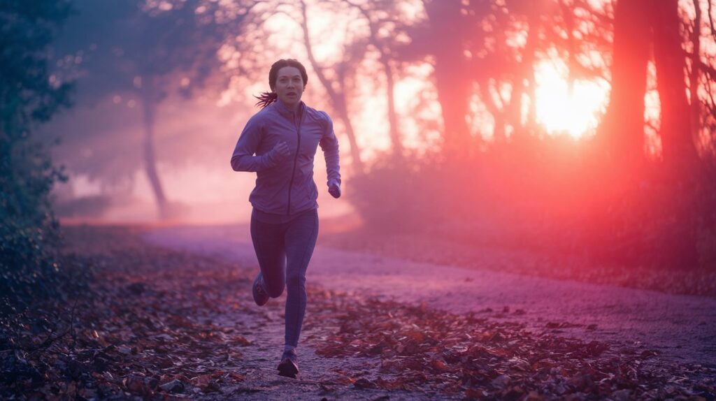 a motivational fitness image featuring a person overcoming a workout slump. The image should show a person in activewear jogging on a forest trail with a determined expression. The background should be bright and uplifting, emphasizing perseverance and motivation