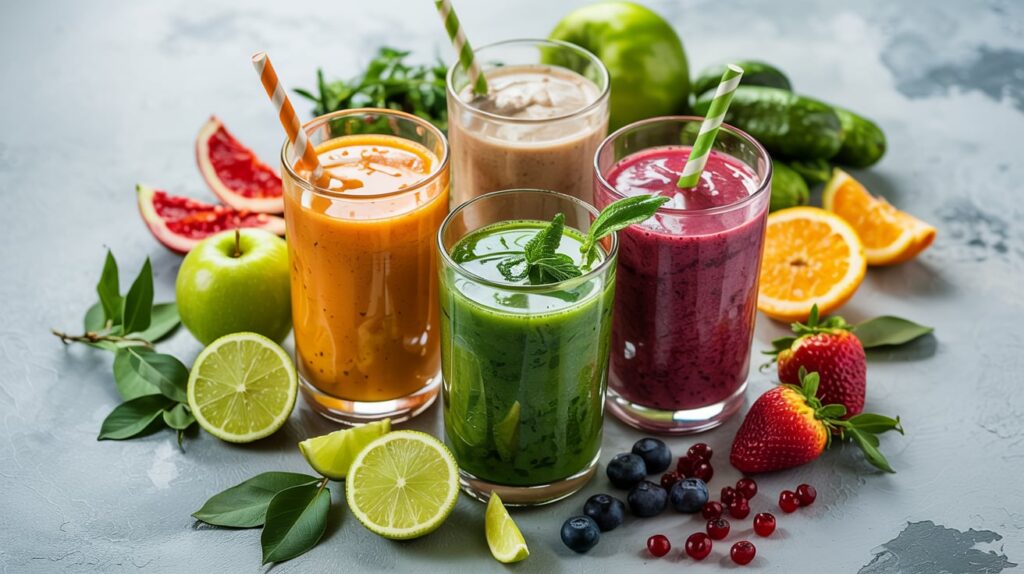 an image of 4 smoothies with fruit around them