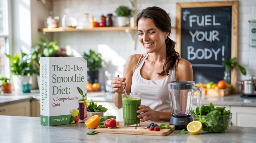 an image of the 21 day smoothie diet and a woman making a smoothie